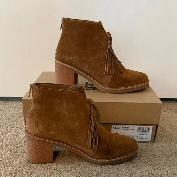 UGG W Corin- Tan Suede Fringe Ankle Boots - Picture 3 of 10